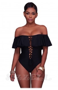 THE "BLAINE" OFF SHOULDER RUFFLE LACE-UP LUXE ONE-PIECE SWIMSUIT... BLACK...